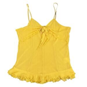VTG Y2K Yellow Babydoll Cami Top Fits XS/S Ruffle Lettuce Hem Coquette Mesh